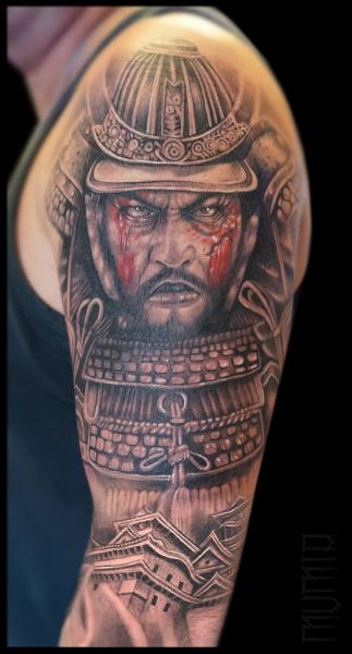 Realistic Grey Samurai Tattoo On Full Sleeve