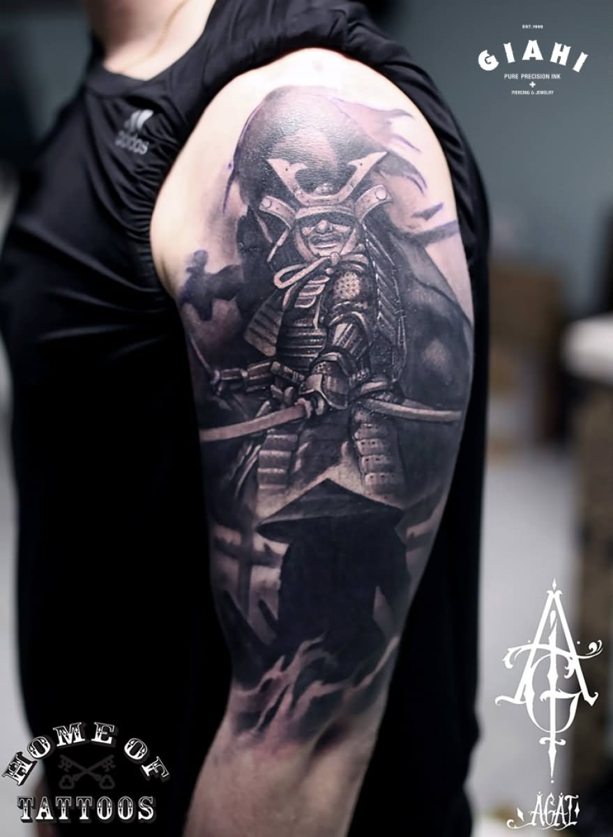 Realistic Grey Samurai Tattoo On Half Sleeve