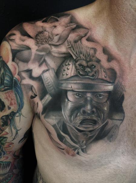 Realistic Grey Samurai Tattoo On Man Chest