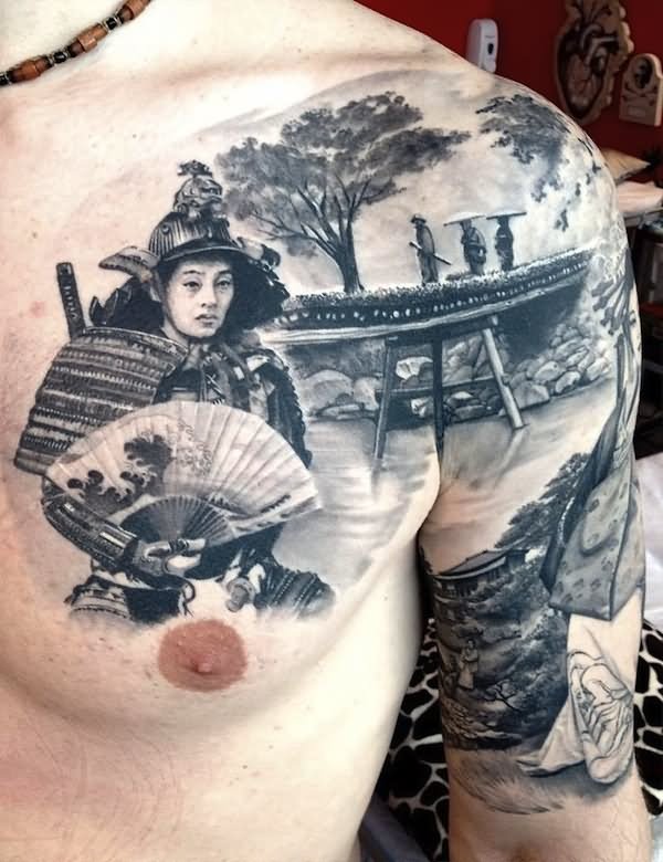 Realistic Samurai Tattoo On Front Shoulder