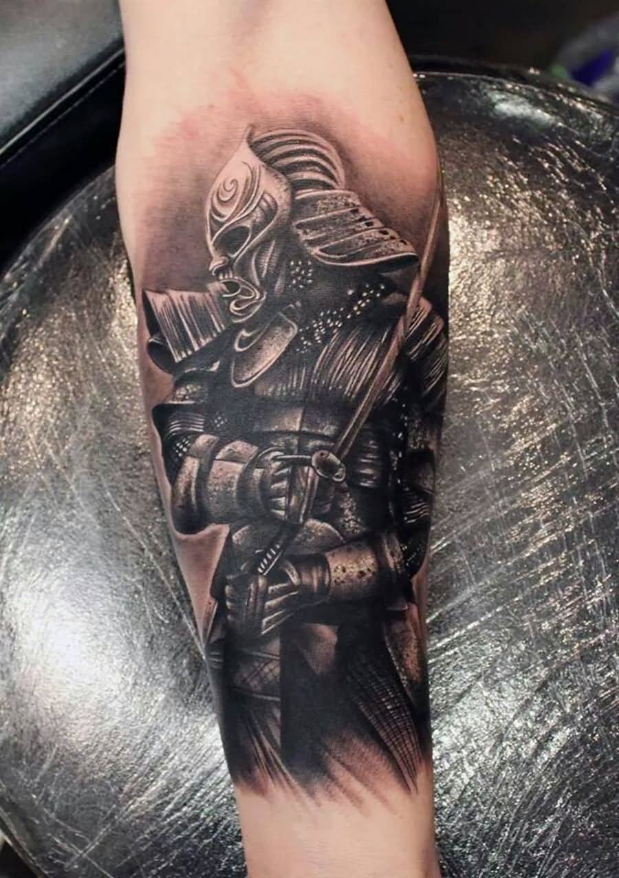 Realistic Samurai Tattoo On Left Forearm