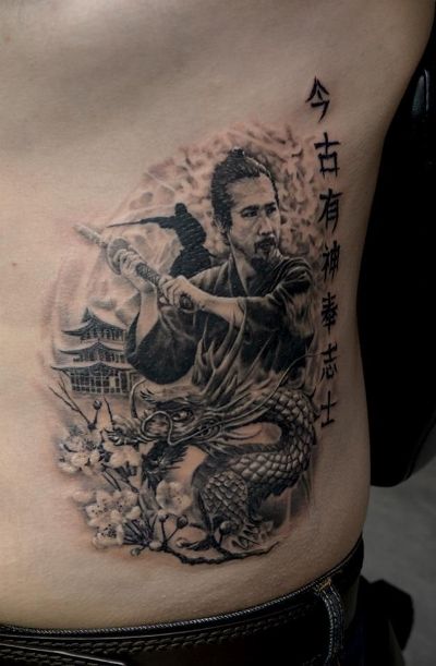 Realistic Samurai Tattoo On Side Rib