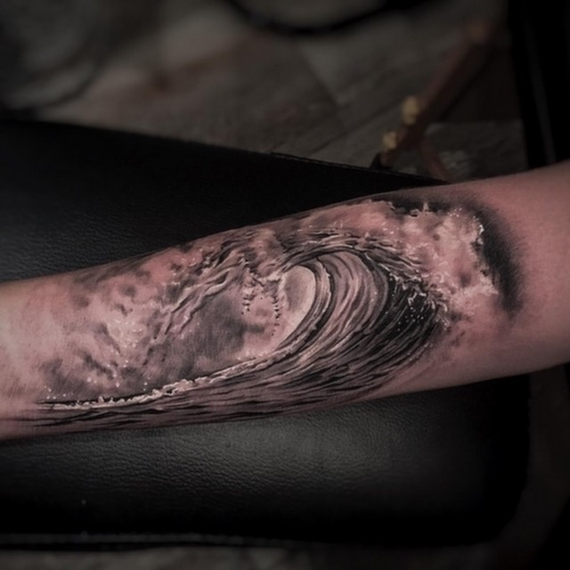Realistic Wave Tattoo On Arm by Greg Nicholson