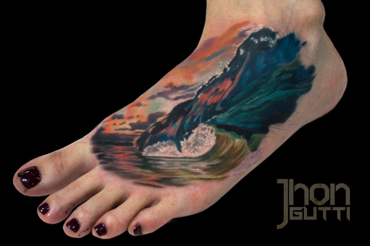 Realistic Wave Tattoo On Girl Left Foot