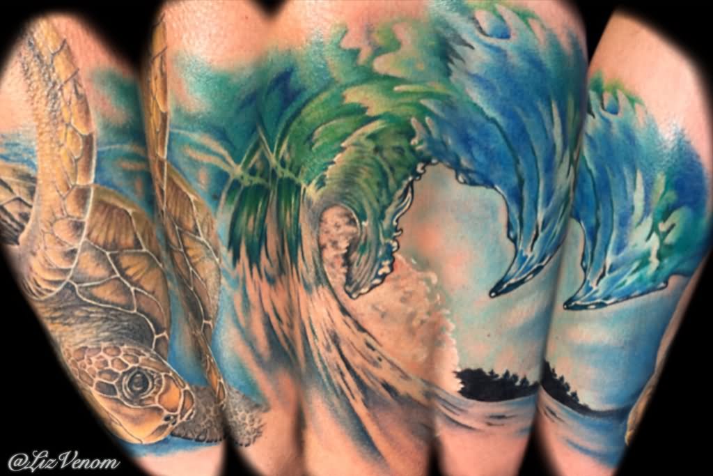 Realistic Wave Tattoo On Sleeve by Lizvenom