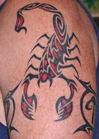 Red And Black Tribal Scorpion Tattoo Design For Shoulder