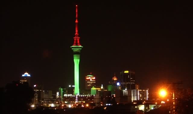 Red And Green Lights On The Sky Tower At Night