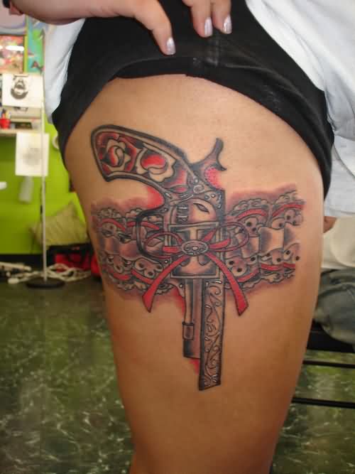 Red And Grey Country Garter Tattoo On Side Thigh