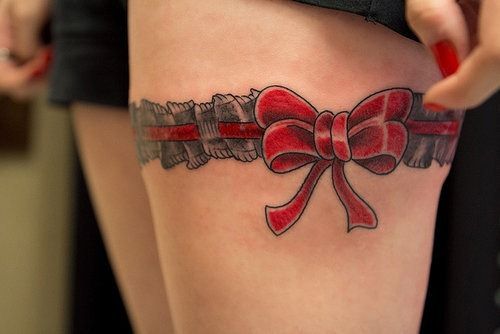 Red Bow Lace Simple Garter Tattoo