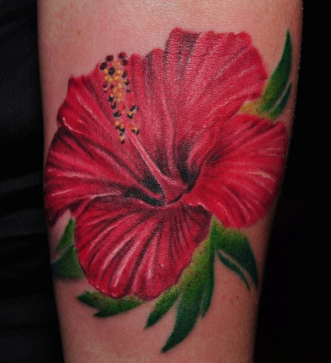 Red Hibiscus Tattoo On Arm