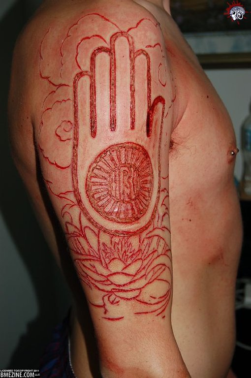 Red Jain Hand Symbol Tattoo On Man Right Half Sleeve