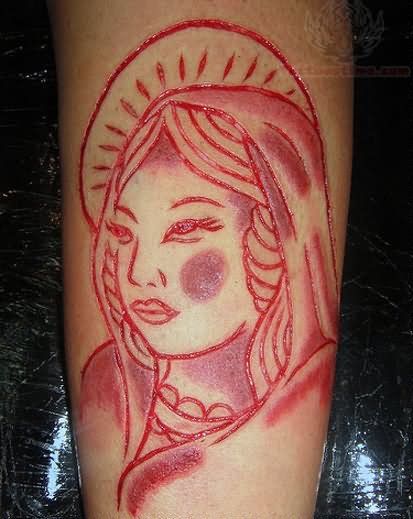 Red Outline Saint Mary Tattoo Design For Sleeve