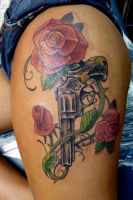 Red Rose Flowers And Country Garter Tattoo