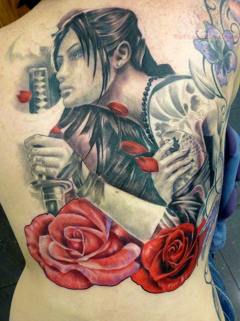 Red Roses And Samurai Tattoo On Back