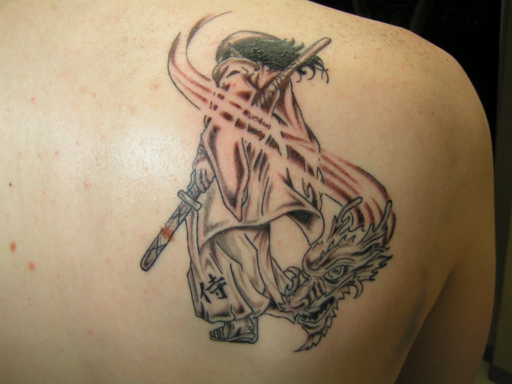 Right Back Shoulder Dragon Samurai Tattoo