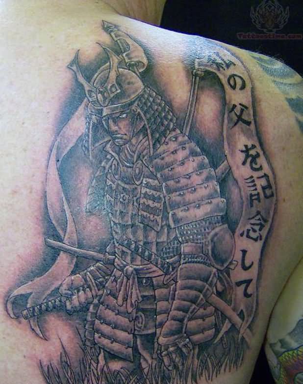 Right Back Shoulder Grey Ink Samurai Tattoo