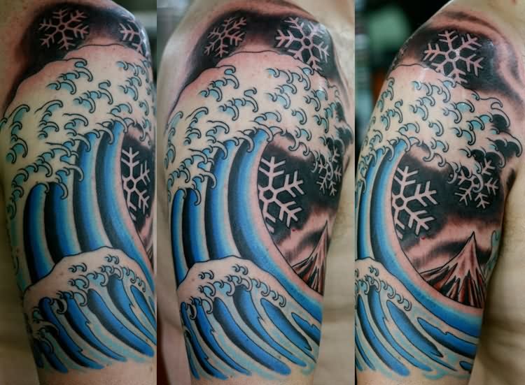 Right Bicep Wave Tattoo On Half Sleeve