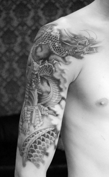 Right Half Sleeve Grey Ink Samurai Tattoo For Men