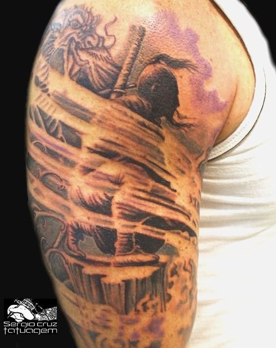 Right Half Sleeve Grey Ink Samurai Tattoo
