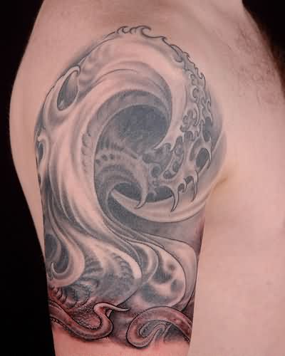 Right Half Sleeve Grey Ink Wave Tattoo