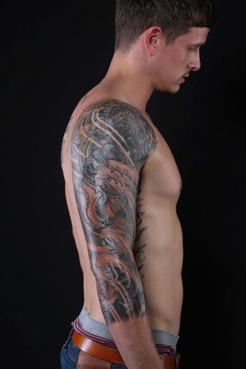 Right Half Sleeve Realistic Wave Tattoo For Men
