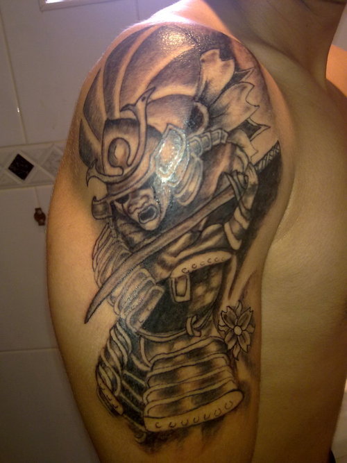Right Shoulder Grey Ink Samurai Tattoo For Men