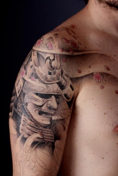 Right Shoulder Realistic Samurai Tattoo For Men