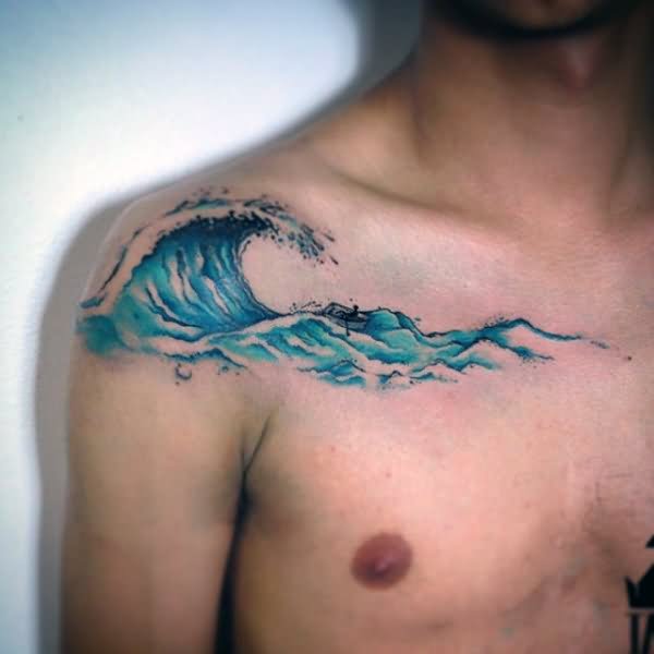 Right Shoulder Realistic Wave Tattoo For Men