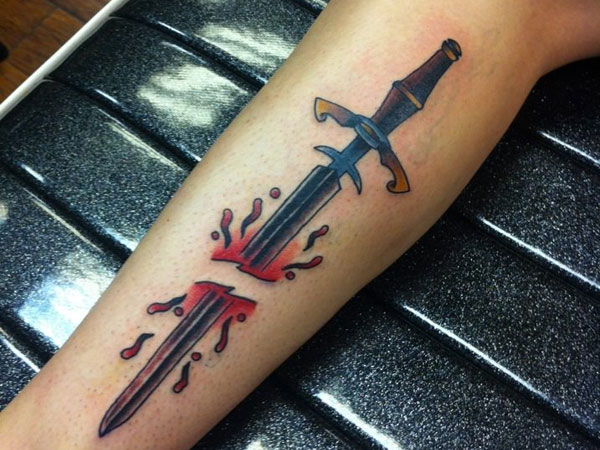 Ripped Skin Samurai Sword Tattoo On Leg