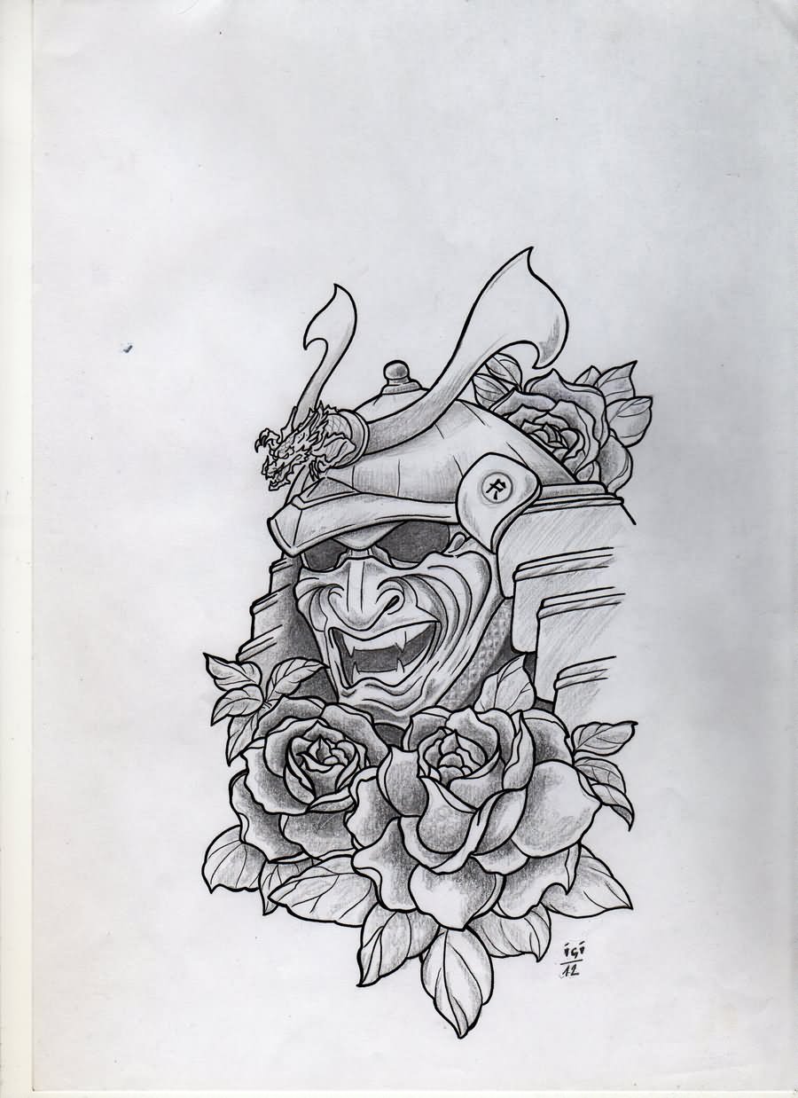 Roses And Samurai Mask Tattoo Design