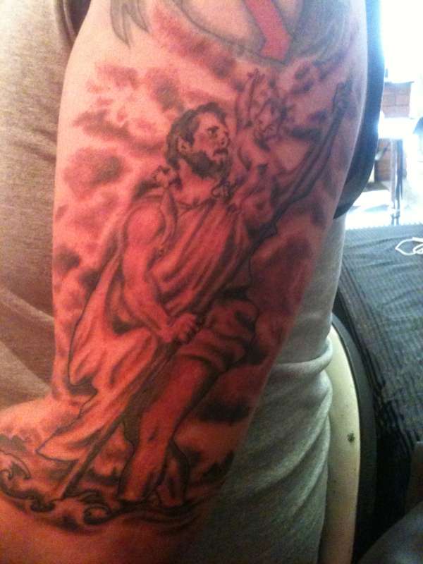 Saint Christopher Tattoo On Left Half Sleeve