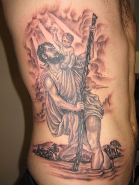 Saint Christopher Tattoo On Man Side Rib