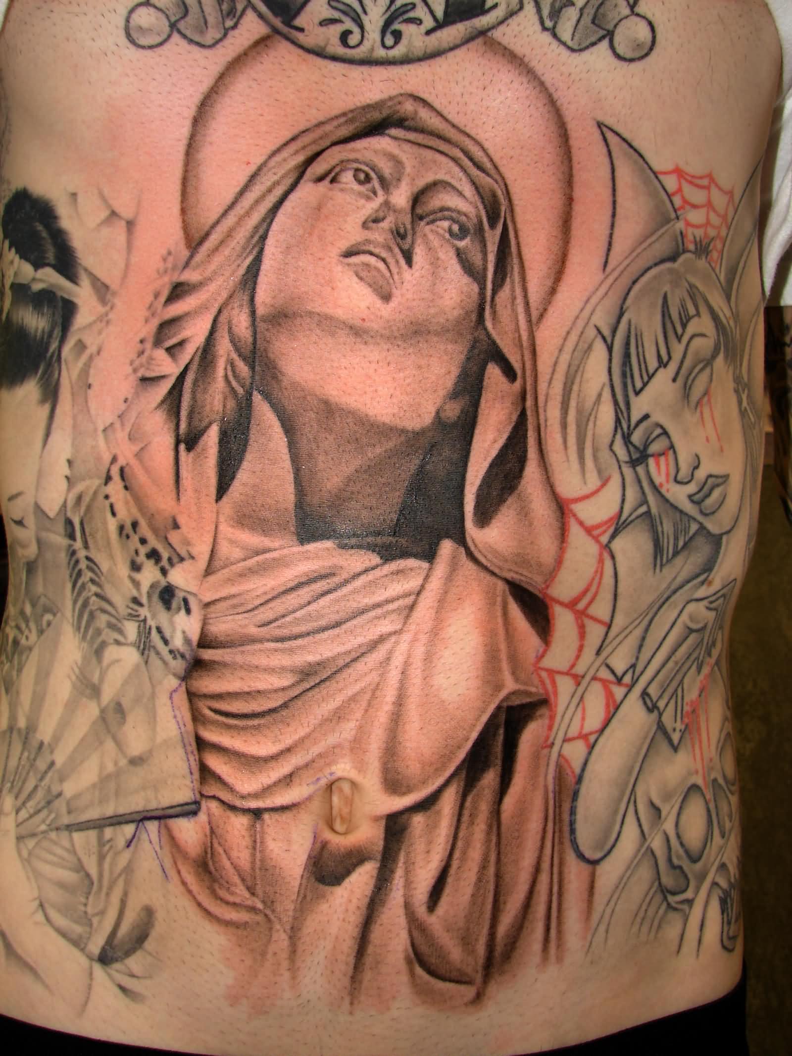 Saint Mary Mother Of God Tattoo On Stomach By Andrew Sussman
