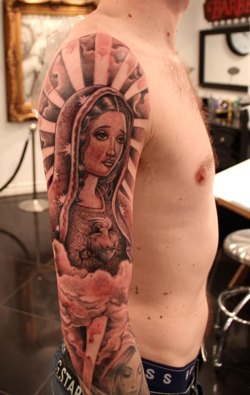Saint Mary Tattoo On Man Right Full Sleeve