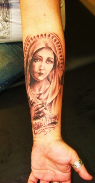 Saint Mary With Banner Tattoo On Forearm