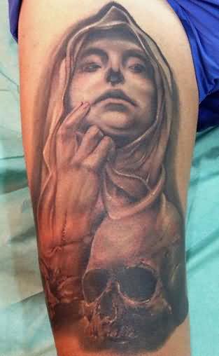 Saint Mary With Skull Tattoo Design For Sleeve