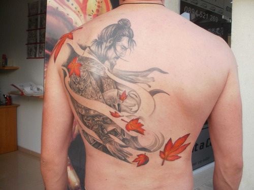 Samurai Back Tattoo On Left Back Shoulder