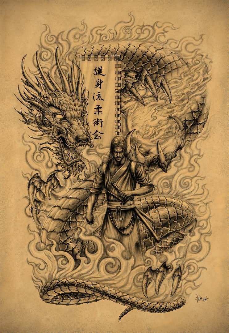 Samurai Dragon Tattoo Design by Loren86