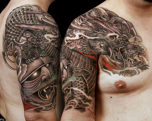 Samurai Dragon Tattoo On Front Shoulder