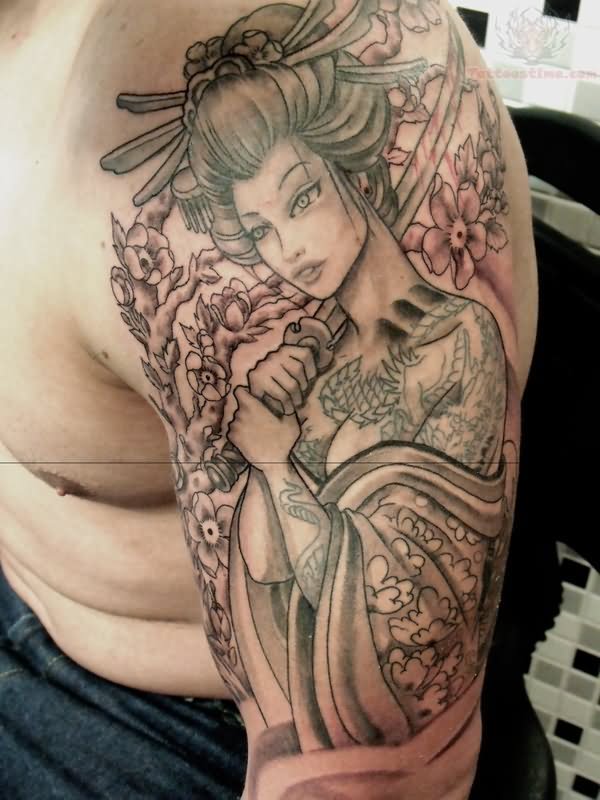 Samurai Geisha Girl Tattoo On Left Half Sleeve