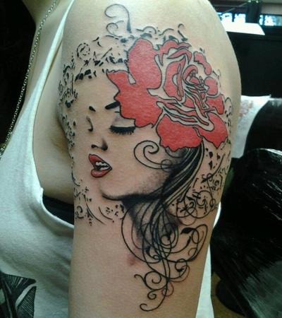 Samurai Girl Tattoo On Left Shoulder