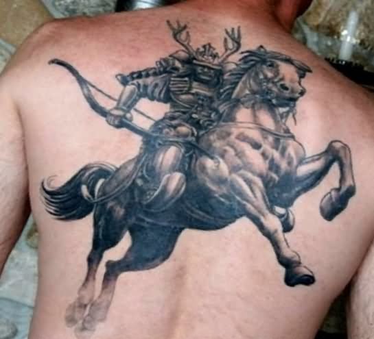 Samurai On Horse Tattoo On Upper Back