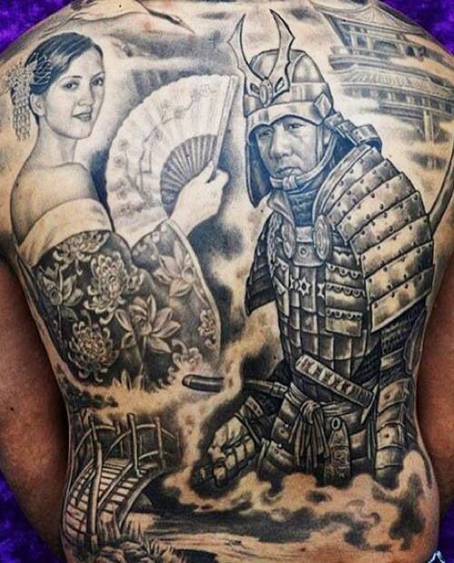 Samurai Tattoo On Man Back Body