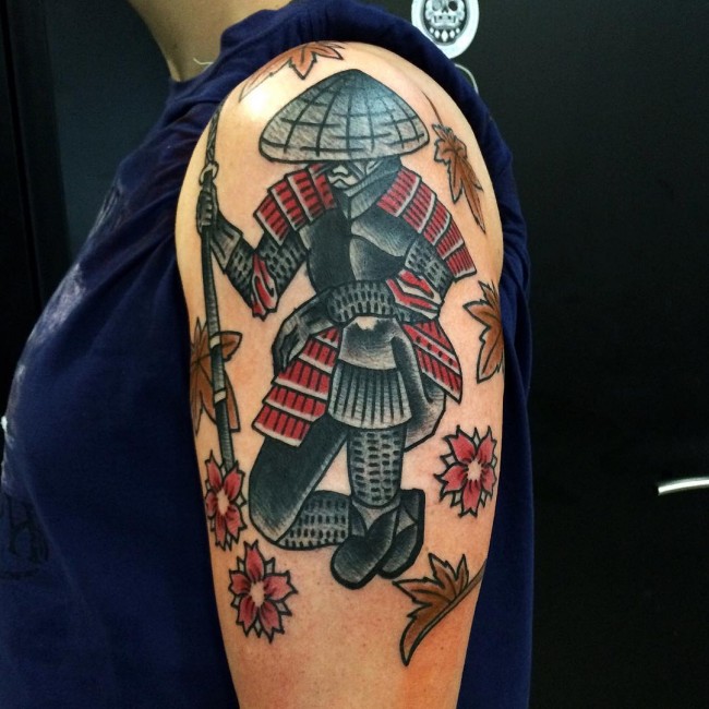 Samurai Tattoo On Man Left Half Sleeve