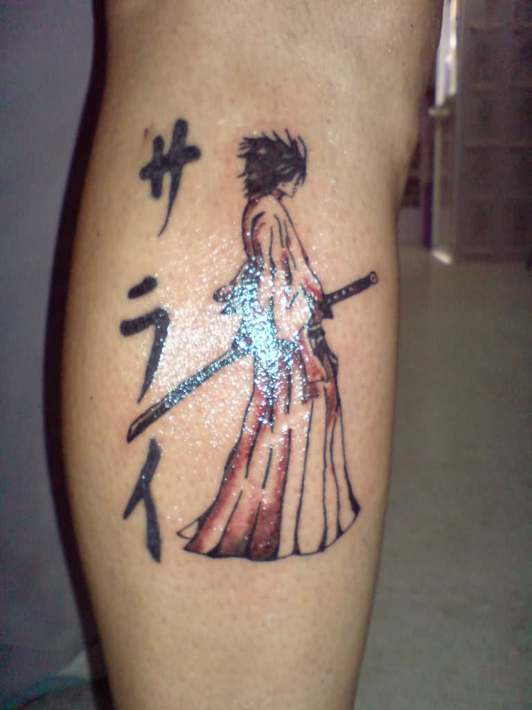 Samurai With Sword Tattoo On Back Leg