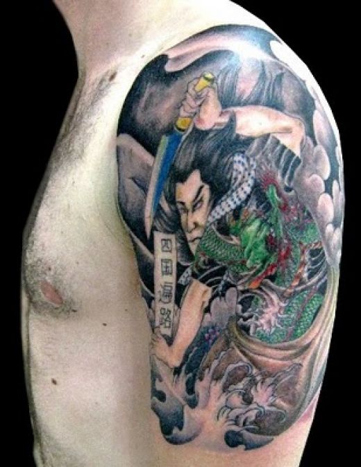 Samurai With Sword Tattoo On Left Shoulder