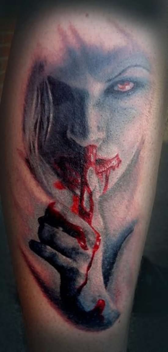 Scary Vampire Girl Face Tattoo On Sleeve