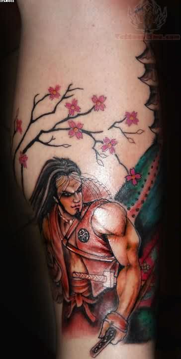 Shinning Flowers And Samurai Warrior Tattoo
