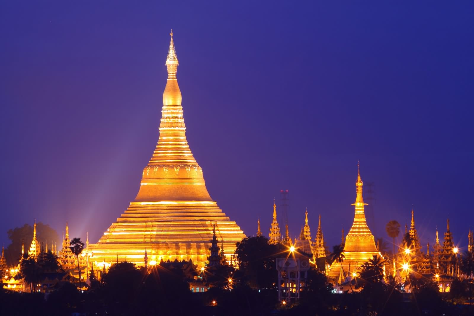 Shwedagon Pagoda Illuminated At Night
