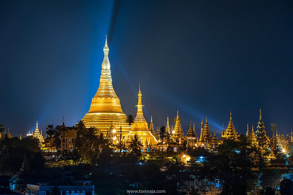 Shwedagon Pagoda Lit Up At Night